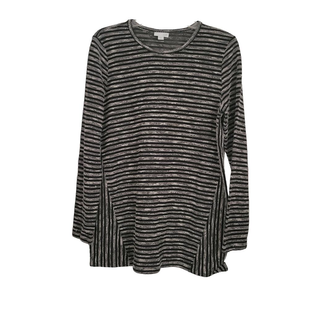 J Jill Women Sheer Sexy Design Black Med Knit Top Striped Long Sleeved Versatile